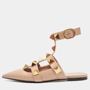Pre Owned Valentino Beige Leather Roman Stud Pointed Toe Ankle Cuff Flat Sandals Size 39