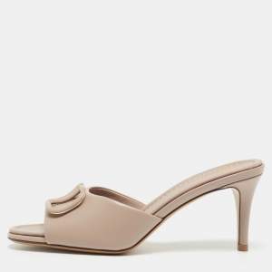 Valentino Beige Leather Escape VLogo Slide Sandals Size 38
