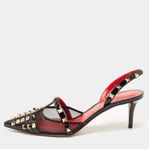 Pre Owned Valentino Black Mesh and Patent Rockstud Slingback Pumps Size 38