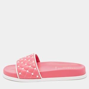 Valentino Pink/White Quilted Leather Rockstud Slides Size 35