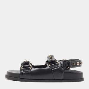 Pre Owned Valentino Black Leather Rockstud Velcro Slingback Flat Sandals Size 39