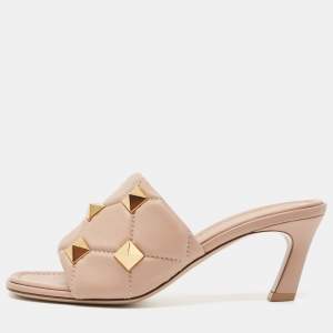 Valentino Pink Leather Roman Stud Slides Size 37.5