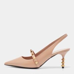 Valentino Beige Leather Rockstud Slingback Pumps Size 38.5