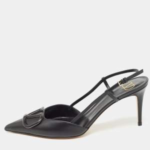 Pre Owned Valentino Black Leather Escape V logo Slingback Pumps Size 41