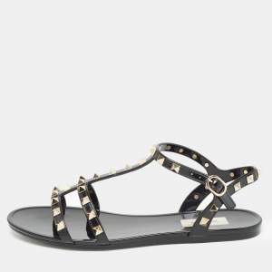 Pre Owned Valentino Black Rubber Rockstud Flat Sandals Size 39