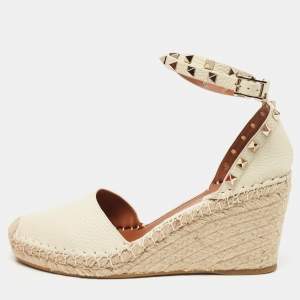 Valentino Cream Leather Rockstud Espadrille Wedge Ankle Wrap Pumps Size 40