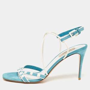 Pre Owned Valentino Blue Suede Rockstud Ankle Wrap Sandals Size 40
