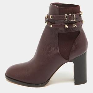 Valentino Burgundy Leather Rockstud Ankle Boots Size 37.5