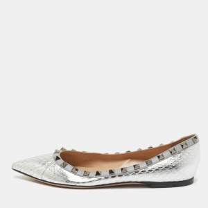 Pre Owned Valentino Silver Embossed Python Rockstud Ballet Flats Size 37.5