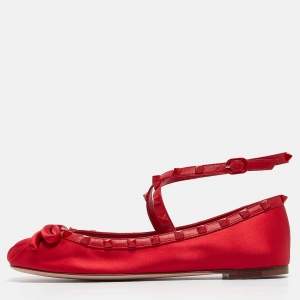 Pre Owned Valentino Red Satin Rockstud Ankle Strap Ballet Flats Size 39.5
