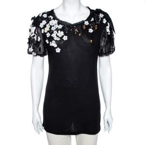 Valentino T-Shirt Couture Black Floral Applique Embellished Jersey T-Shirt L