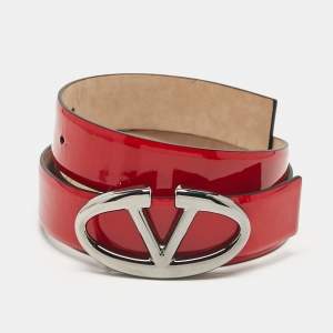 Pre Owned Valentino Red Patent Leather VLogo Buckle Belt 85 CM