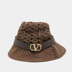 Valentino Brown Vlogo Leather Belted Crochet Fedora Hat M