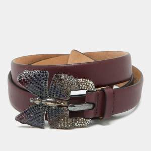 Valentino Burgundy Leather Crystal Embellished Butterfly Buckle Slim Belt 90 CM