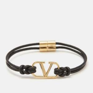 Valentino VLogo Black Leather Gold Tone Bracelet