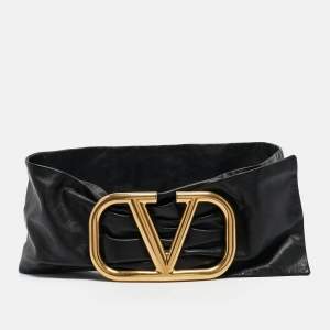 Pre Owned Valentino Black Leather Pleated Vlogo Wide Belt 85CM