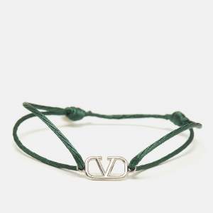 Valentino VLogo Silver Tone Green Cord Bracelet