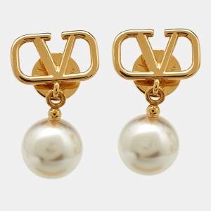 Valentino VLogo Signature Faux Pearl Gold Tone Drop Earrings