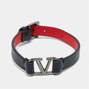 Valentino Vlogo Leather Gunmetal Tone Bracelet