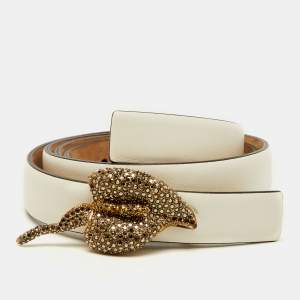 Valentino White Leather Crystal Embellished Slim Buckle Belt 90CM