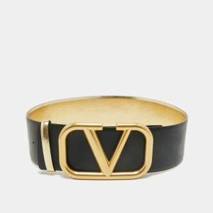 Valentino Gold/Black Leather VLogo Reversible Wide Belt 80CM