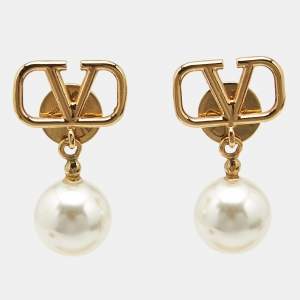 Valentino VLogo Signature Faux Pearls Gold Tone Metal Drop Earrings