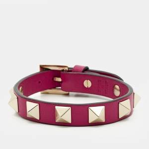 Pre Owned Valentino Rockstud Leather Gold Tone Wrap Bracelet