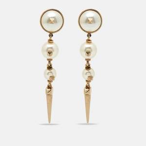 Pre Owned Valentino Rockstud Faux Pearl Gold Tone Earrings