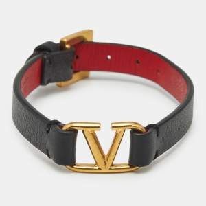 Pre Owned Valentino VLogo Leather Gold Tone Bracelet