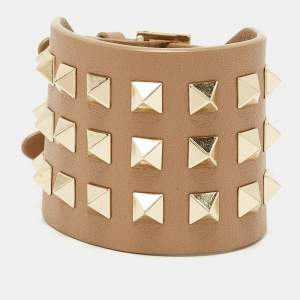 Pre Owned Valentino Leather Rockstud Gold Tone Bracelet