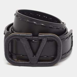 Pre Owned Valentino VLogo 80 CM Waist Belt Black Leather Whipstitch