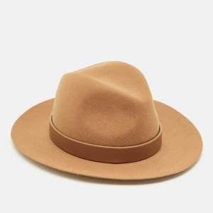 Pre Owned Valentino Beige VLogo Leather Trim Felt Fedora Hat S