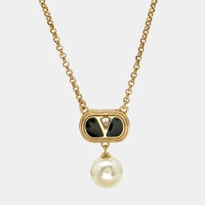 مملوكة  مسبقًا Valentino Crystals Enamel Faux Pearl Gold Tone Necklace