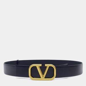 Pre Owned Valentino Black Leather V-logo reversible belt