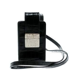 Valentino Black Croc Embossed Leather Crystal Studded Cigarette Case
