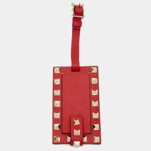 Valentino Red Rockstud Leather Luggage Tag