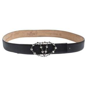 Pre Owned Valentino Black Leather Crystal Embellished V Logo Belt 80CM