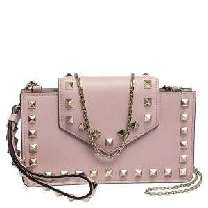 Valentino Light Pink Leather Rockstud Chain Phone Case