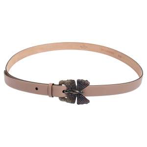 Valentino Dusty Pink Leather Crystal Embellished Butterfly Buckle Slim Belt 95 CM