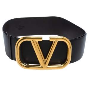 Pre Owned Valentino Black Leather VLogo Wide Belt 75 CM