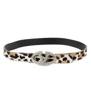 Valentino Tri Color Leopard Print Calf Hair Crystal Embellished Logo Belt 85CM