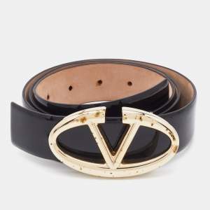 Valentino Black Patent Leather Logo Platino Buckle Belt 90CM