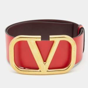 Pre Owned Valentino Red/Burgundy Leather VLogo Reversible Belt 75CM
