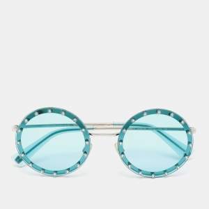 Valentino Silver/Green VA 2010-B Crystal Studded Round Sunglasses