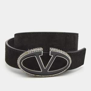 Valentino Black Suede and Leather VLogo Crystals Belt 80CM