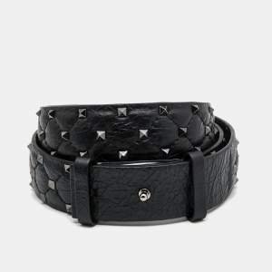 Valentino Black Crinkled Leather Rockstud Belt 85CM