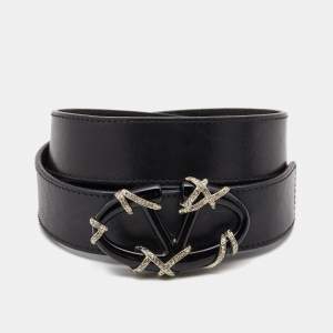 Pre Owned Valentino Black Leather VLogo Crystals Buckle Belt 90CM