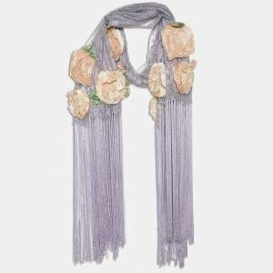 Valentino Lilac Lace Floral Embellished Applique Fringed Shawl