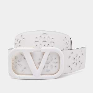 Pre Owned Valentino White Broderie Anglaise Leather VLogo Waist Belt 85CM