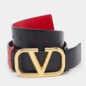 Pre Owned Valentino Black/Red Leather VLogo Reversible Waist Belt Size 75CM